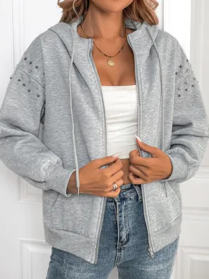 Rhinestone Zip Up Long Sleeve Hoodie