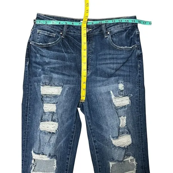 RISEN Crop Boyfriend Destroyed Jeans Cuff Raw Hem Distressed Holes Ripped 11/30