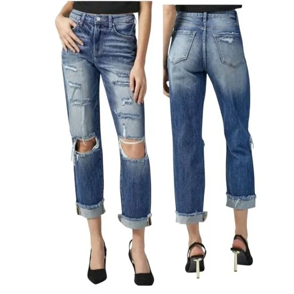 RISEN Crop Boyfriend Destroyed Jeans Cuff Raw Hem Distressed Holes Ripped 11/30