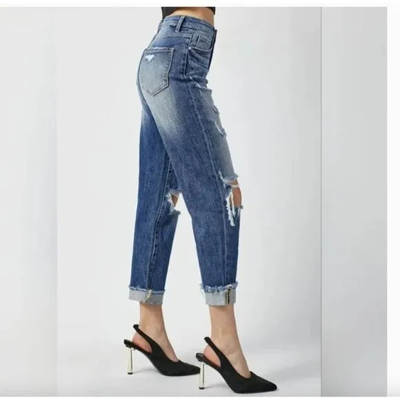 RISEN Crop Boyfriend Destroyed Jeans Cuff Raw Hem Distressed Holes Ripped 11/30