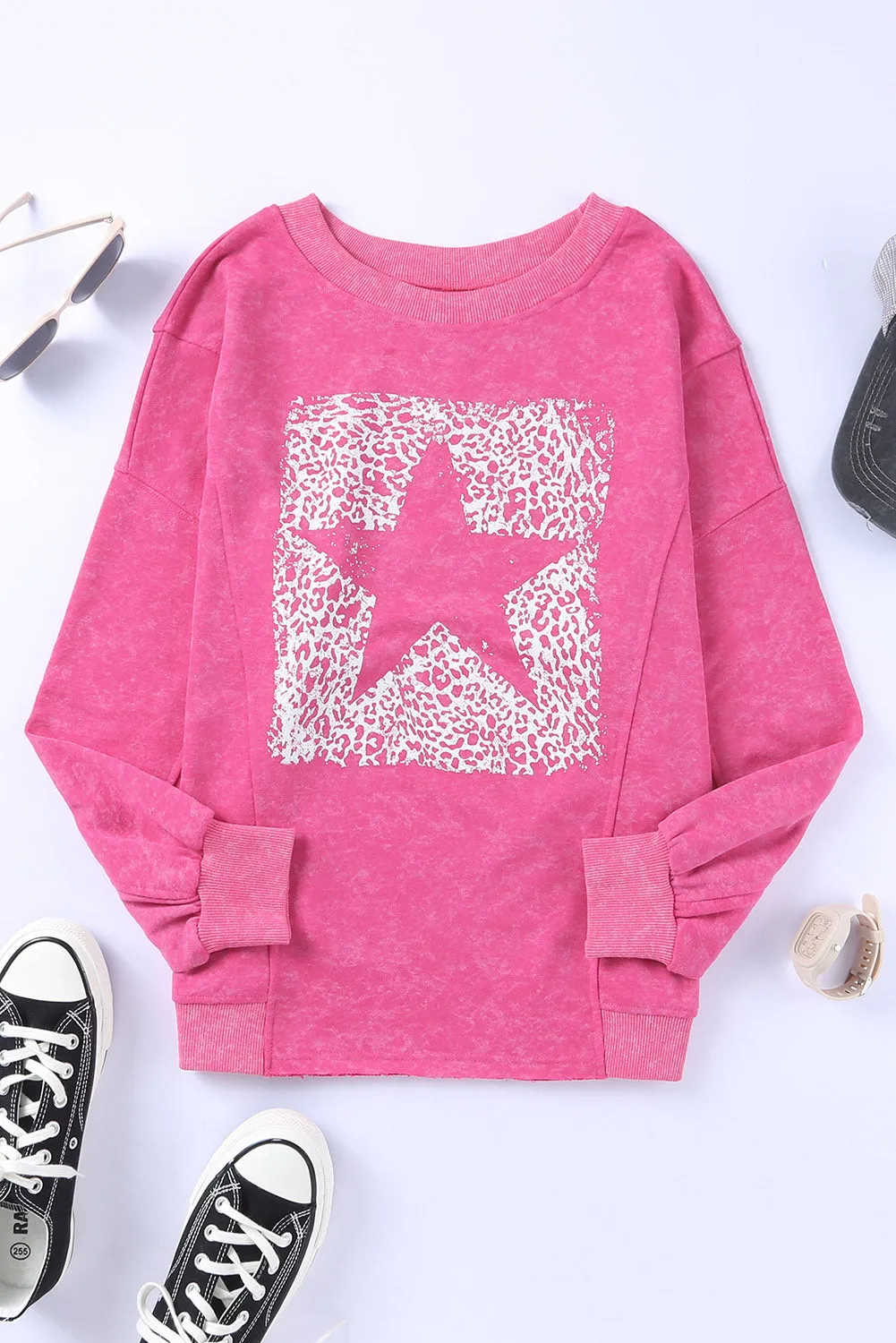 Rose Leopard Star Graphic Print Long Sleeve Sweatshirt