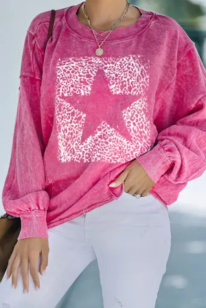 Rose Leopard Star Graphic Print Long Sleeve Sweatshirt