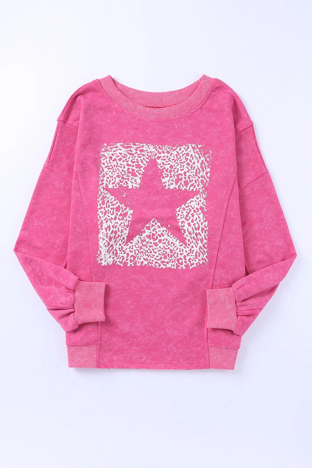 Rose Leopard Star Graphic Print Long Sleeve Sweatshirt