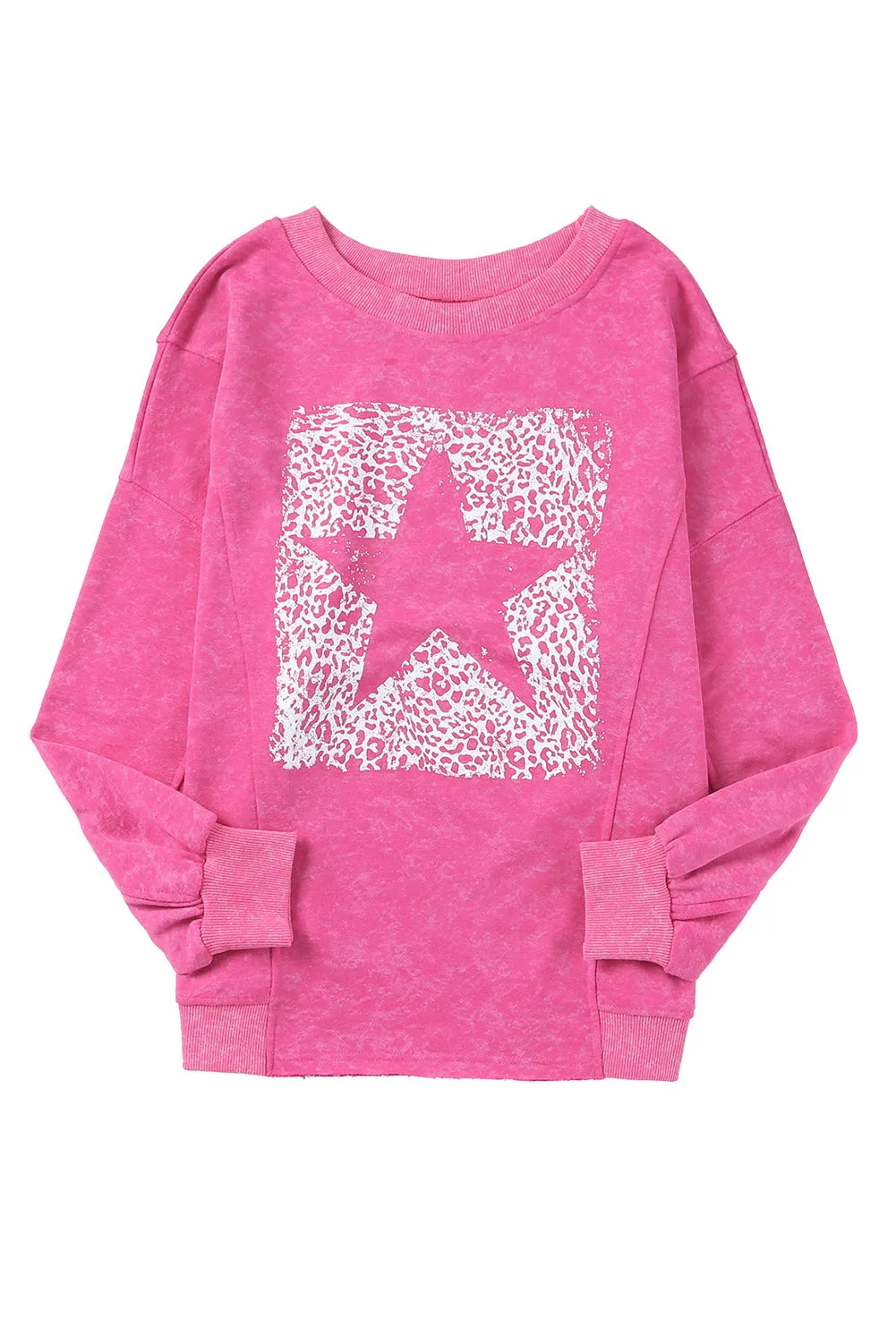 Rose Leopard Star Graphic Print Long Sleeve Sweatshirt