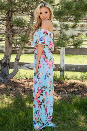 Ruffle Off Shoulder Floral Print Maxi Boho Dress
