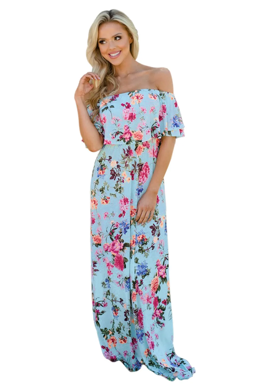 Ruffle Off Shoulder Floral Print Maxi Boho Dress