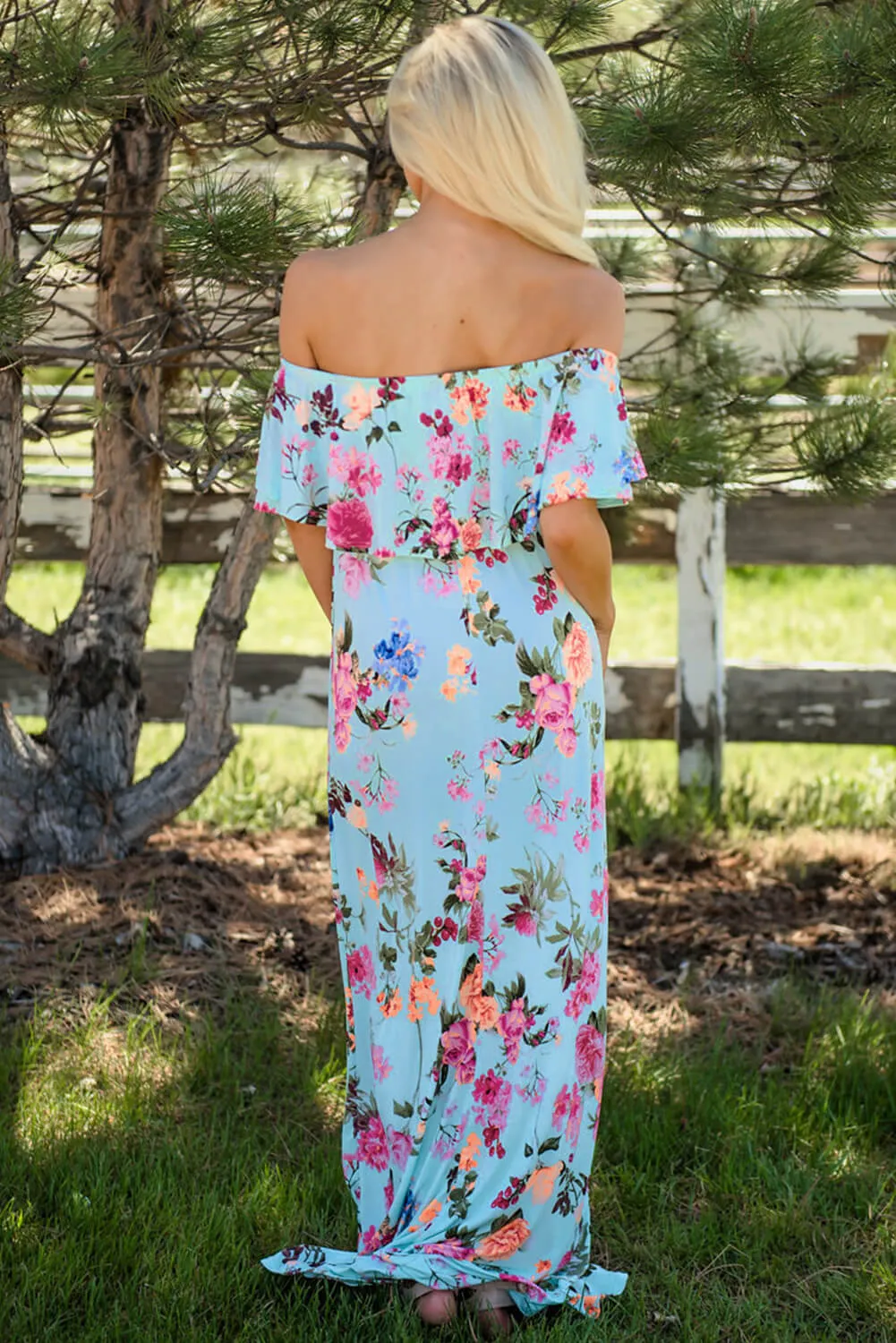Ruffle Off Shoulder Floral Print Maxi Boho Dress