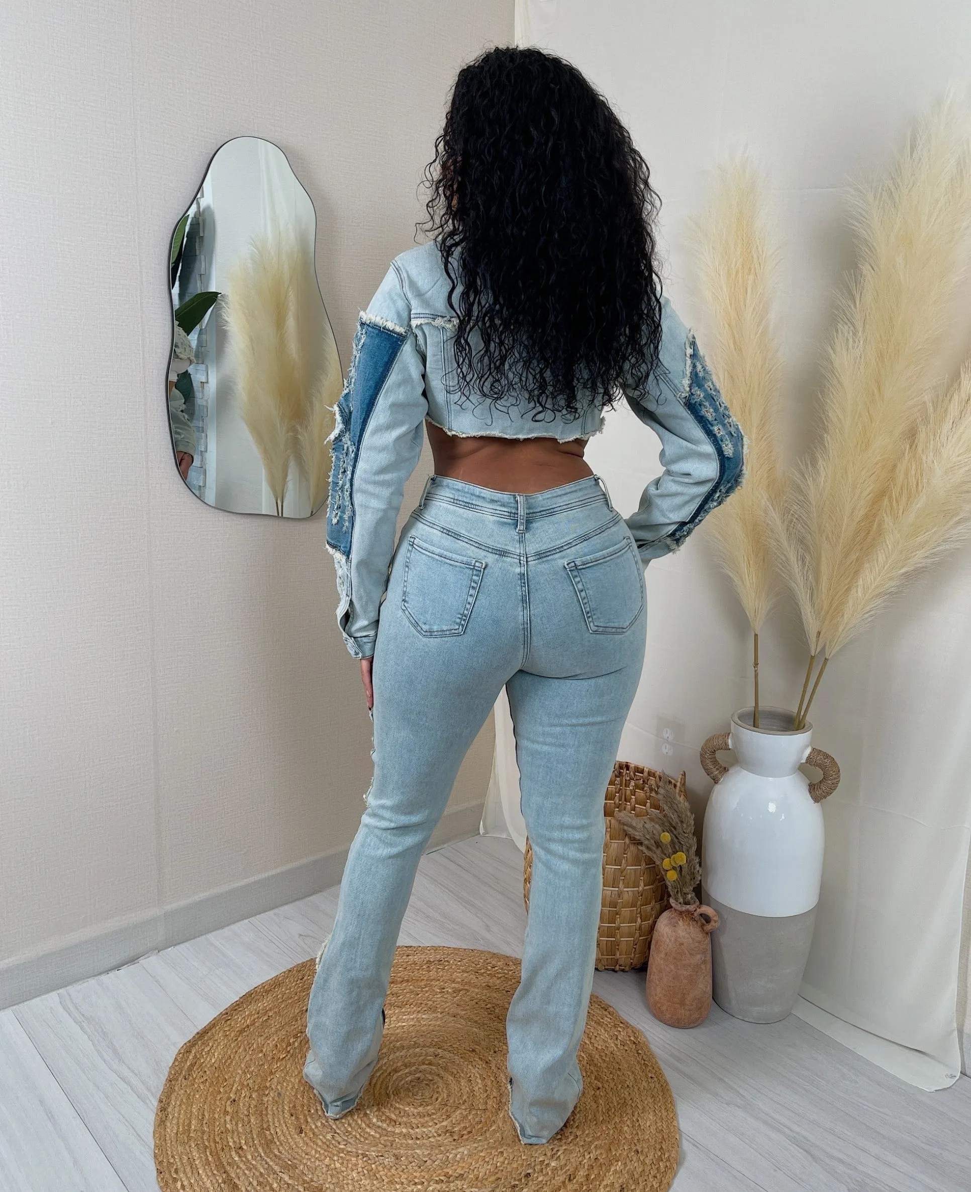 SD5502SETP- DENIM DISTRESSED JACKET & STACKED JEANS SET