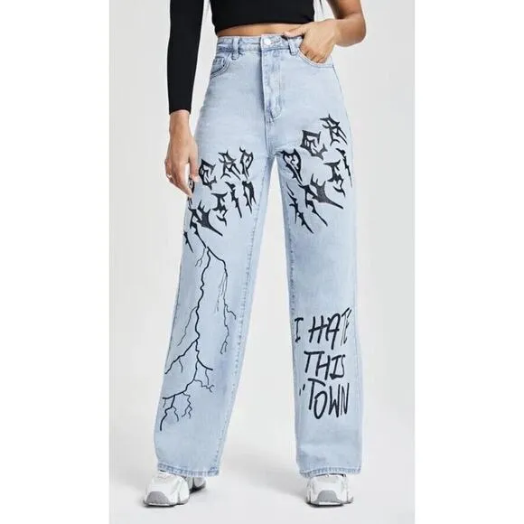Shein 'I Hate This Town' Grunge Baggie Designer Like Boyfriend Jeans Size Medium
