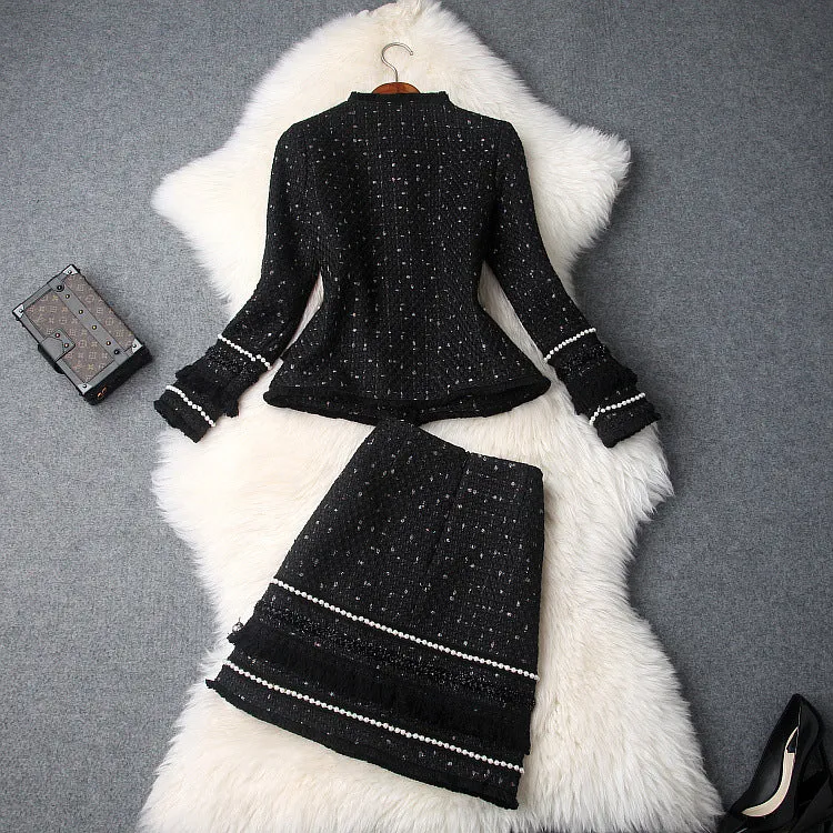 Single-breasted Beading Elastic Waist Tassel Tweed Blazers Mini A-line Skirt Suit Two-piece Set Black