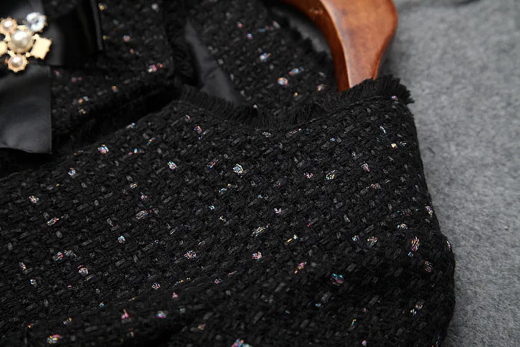 Single-breasted Beading Elastic Waist Tassel Tweed Blazers Mini A-line Skirt Suit Two-piece Set Black