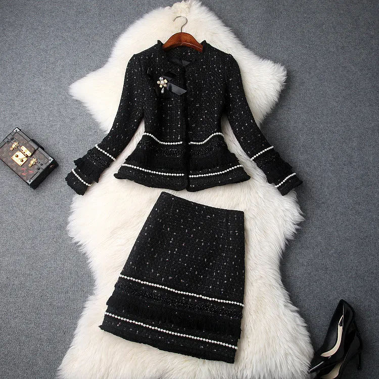 Single-breasted Beading Elastic Waist Tassel Tweed Blazers Mini A-line Skirt Suit Two-piece Set Black