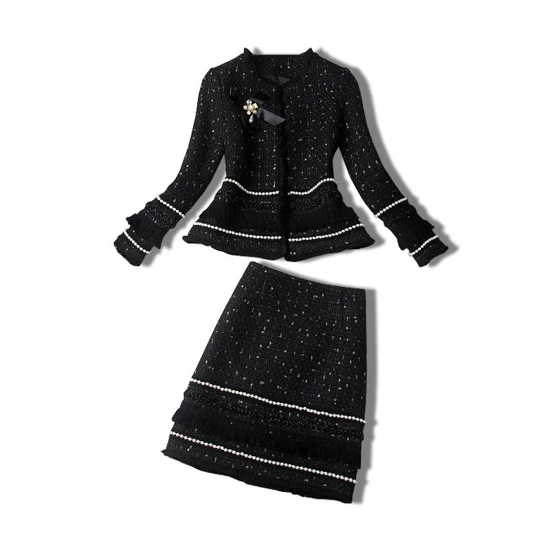 Single-breasted Beading Elastic Waist Tassel Tweed Blazers Mini A-line Skirt Suit Two-piece Set Black