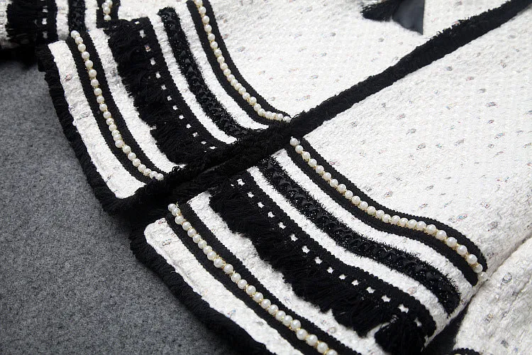 Single-breasted Beading Elastic Waist Tassel Tweed Blazers Mini A-line Skirt Suit Two-piece Set Black