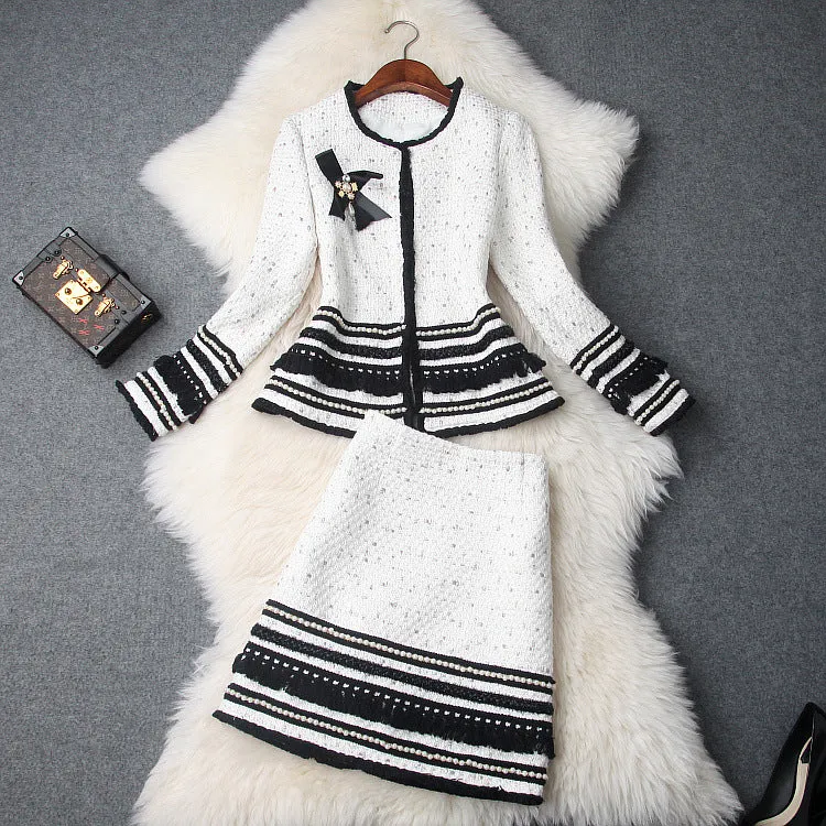 Single-breasted Beading Elastic Waist Tassel Tweed Blazers Mini A-line Skirt Suit Two-piece Set Black