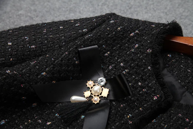 Single-breasted Beading Elastic Waist Tassel Tweed Blazers Mini A-line Skirt Suit Two-piece Set Black
