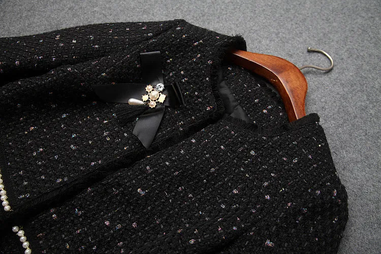 Single-breasted Beading Elastic Waist Tassel Tweed Blazers Mini A-line Skirt Suit Two-piece Set Black