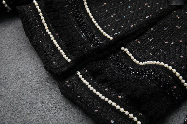 Single-breasted Beading Elastic Waist Tassel Tweed Blazers Mini A-line Skirt Suit Two-piece Set Black