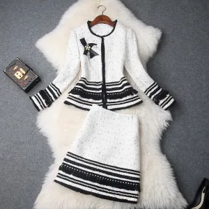 Single-breasted Beading Elastic Waist Tassel Tweed Blazers Mini A-line Skirt Suit Two-piece Set Black