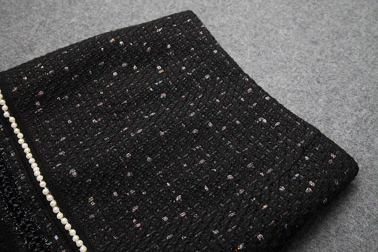 Single-breasted Beading Elastic Waist Tassel Tweed Blazers Mini A-line Skirt Suit Two-piece Set Black