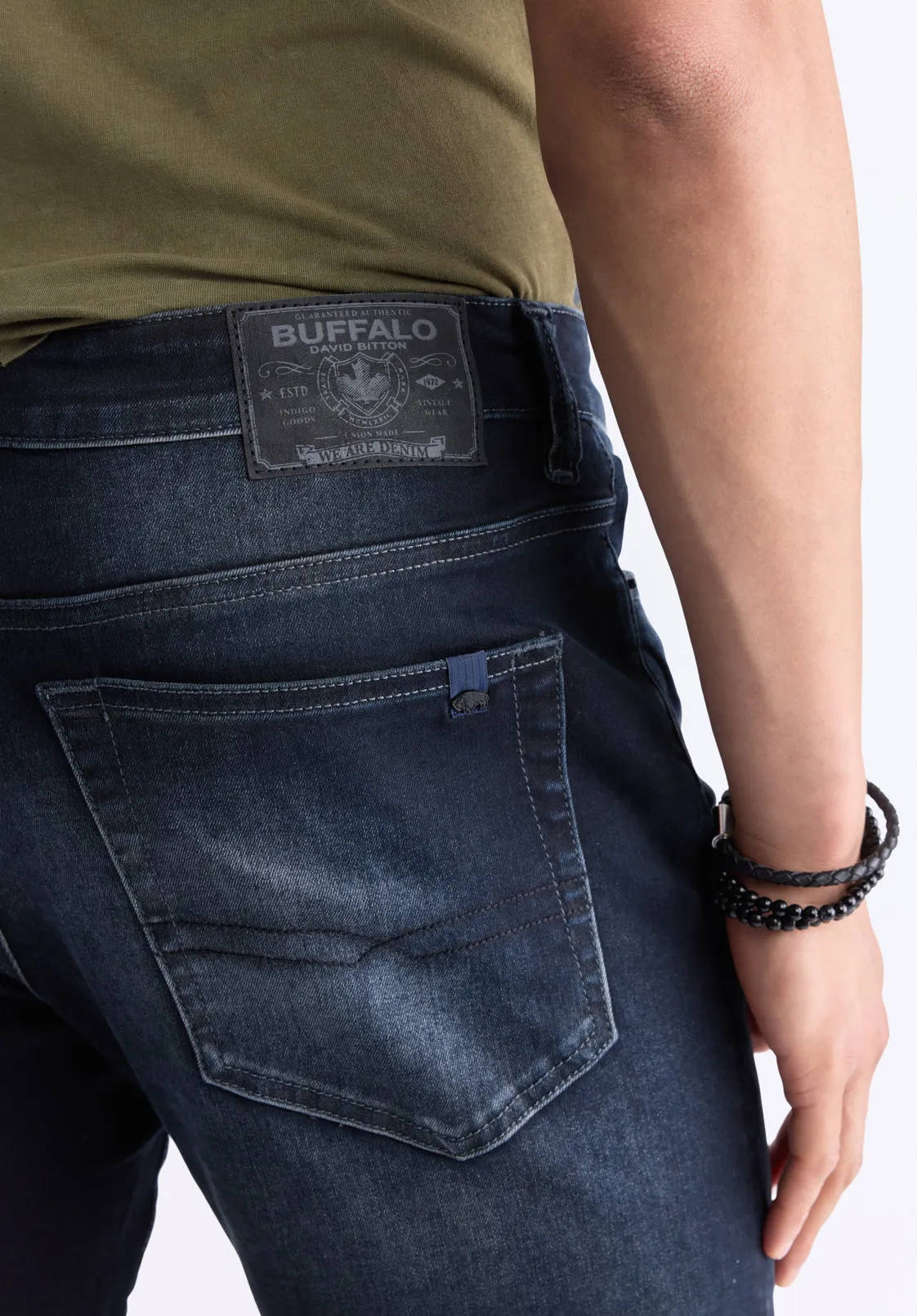 Slim Ash Men's Jeans, Crinkled and Sanded Dark Indigo - BM26012
