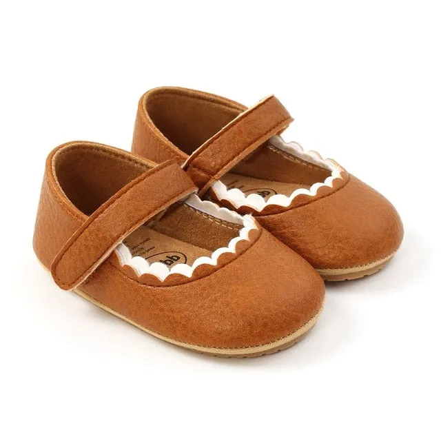 Soft Leather Baby Moccasins Shoes Newborn Rubber Sole First Walkers Floral Border Toddler Shoes Infant Girls Anti-slip Prewalker