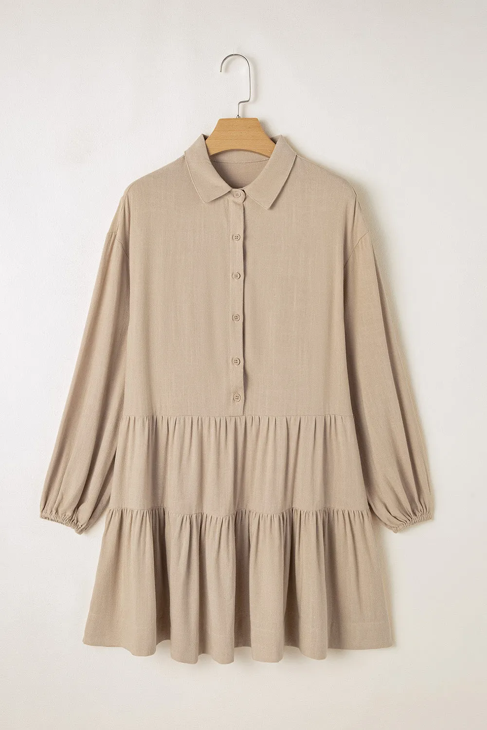 Tan Puff Sleeve Buttoned Tiered Pleated Shirt Mini Dress