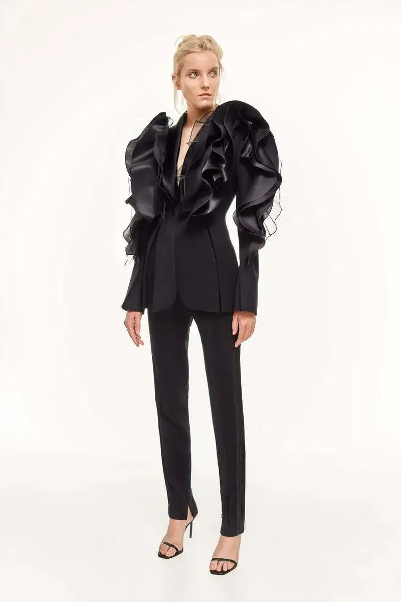 Three Dimensional Ruffled Black Blazer