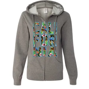Tropical California Floral Print Ladies Lightweight Fitted Zip-Up Hoodie