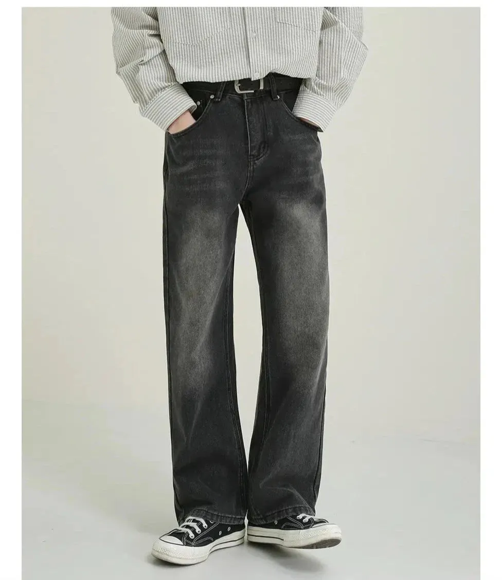 Vintage Style Faded Black Wide-Leg Jeans