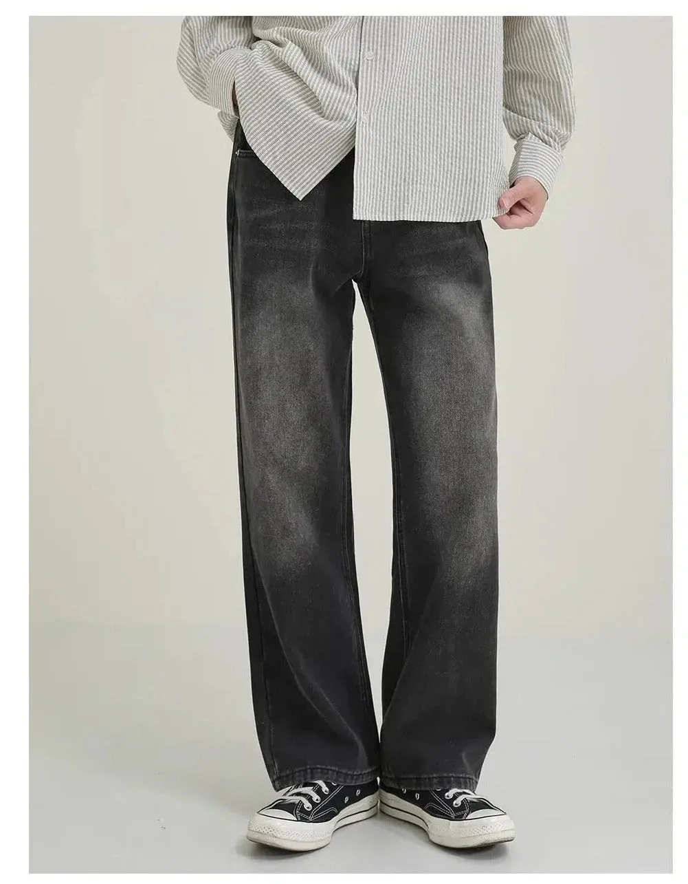 Vintage Style Faded Black Wide-Leg Jeans
