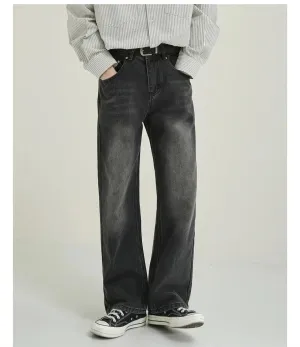 Vintage Style Faded Black Wide-Leg Jeans