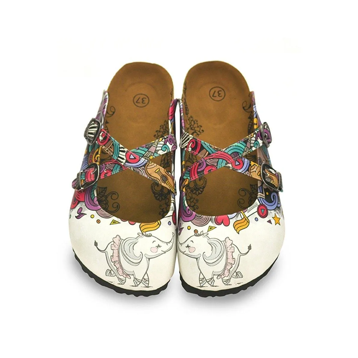 White Colored and Pink, Blue, Green Shaped Patterned and Sweet Elephant Patterned Clogs - WCAL126