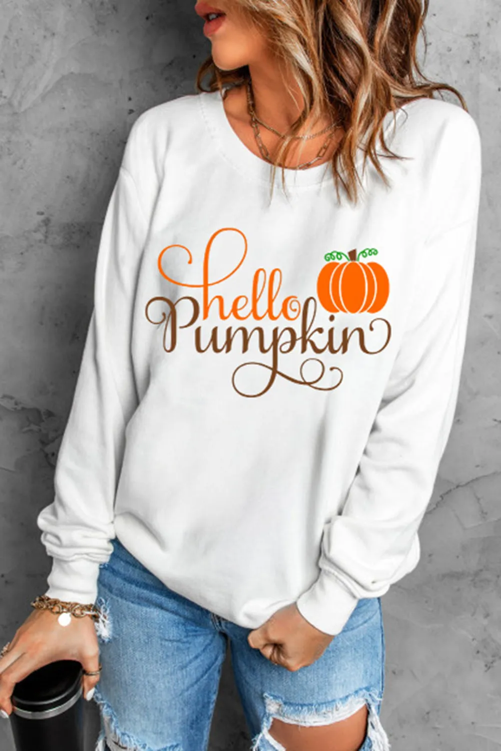 White Hello Pumpkin Cute Graphic Sweatshirt