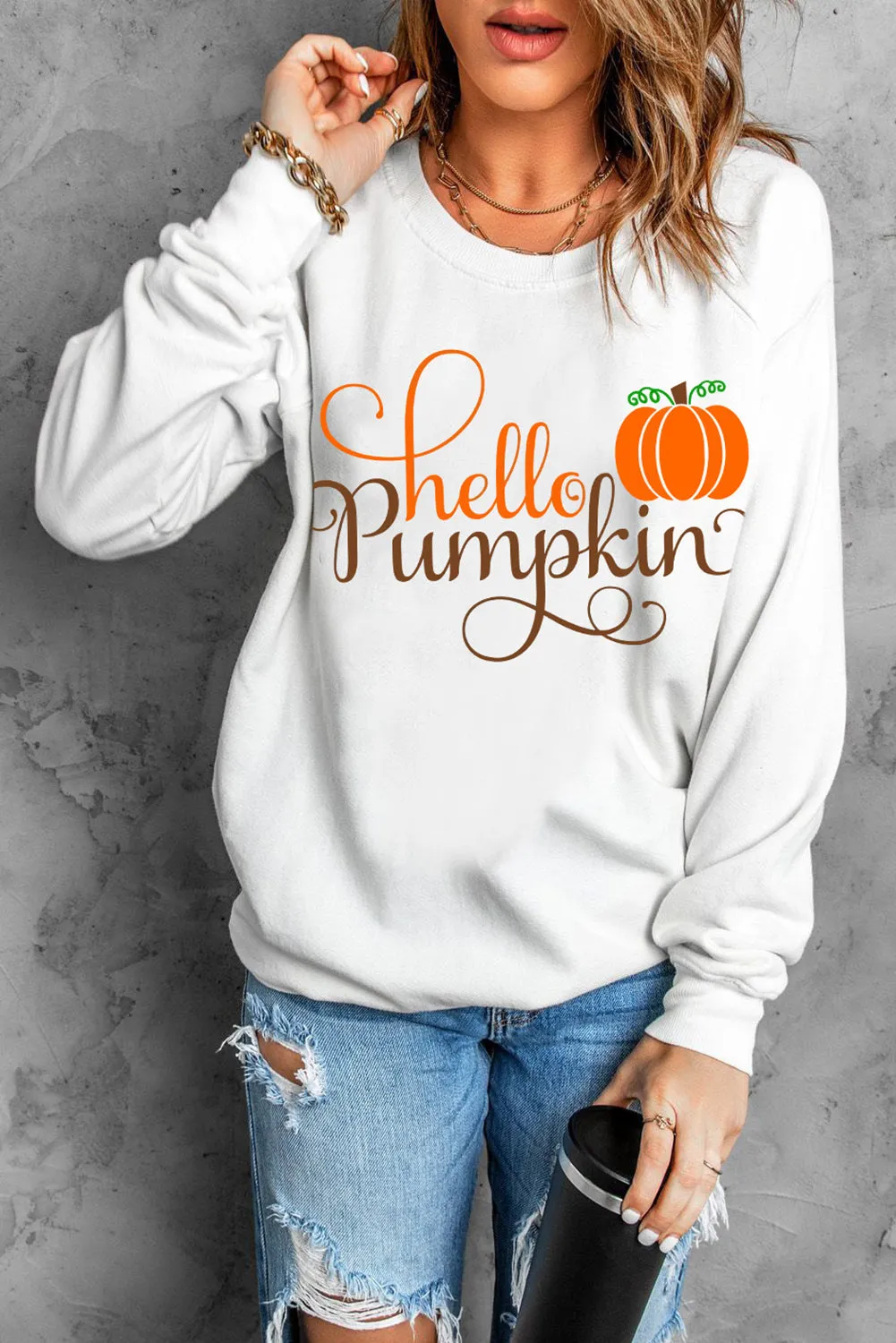 White Hello Pumpkin Cute Graphic Sweatshirt