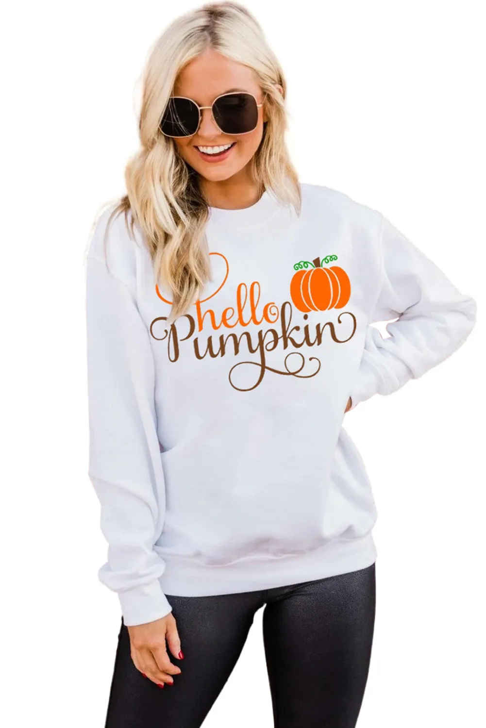 White Hello Pumpkin Cute Graphic Sweatshirt