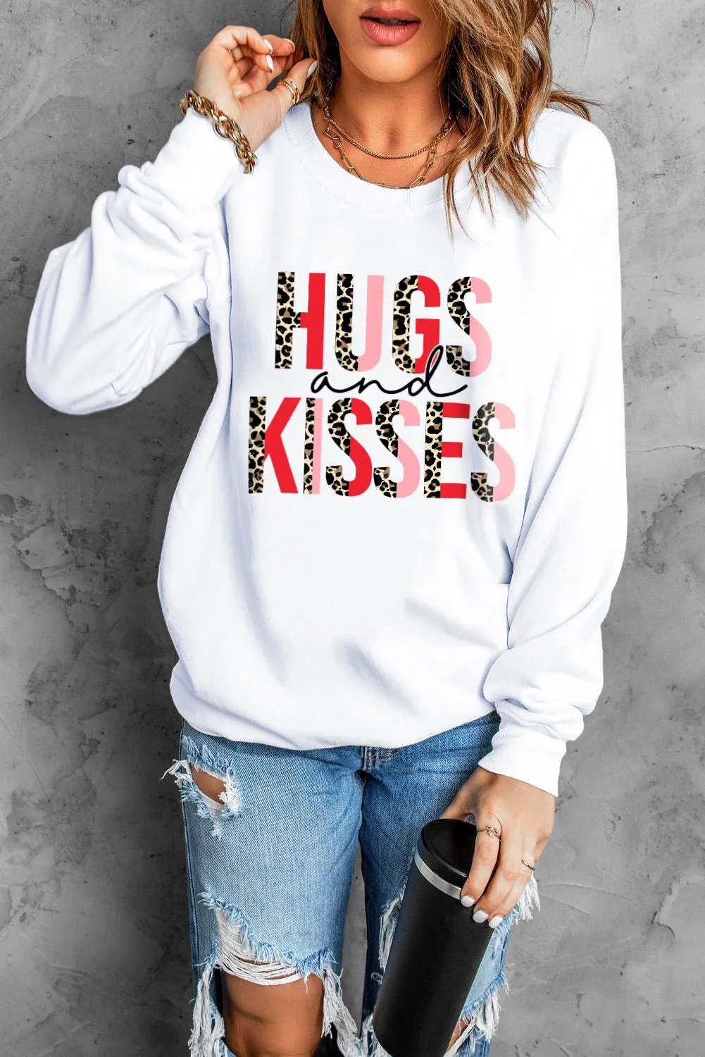 White HUGS and KISSES Leopard Long Sleeve Sweatshirt