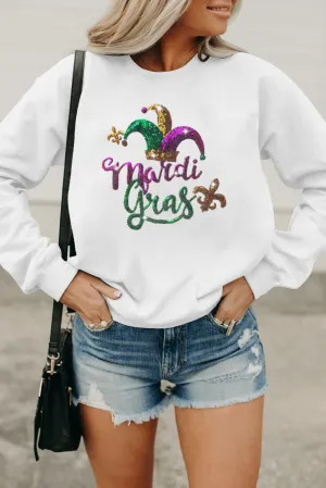 White Mardi Gras Sequined Pattern Drop Shoulder Sweatshirt