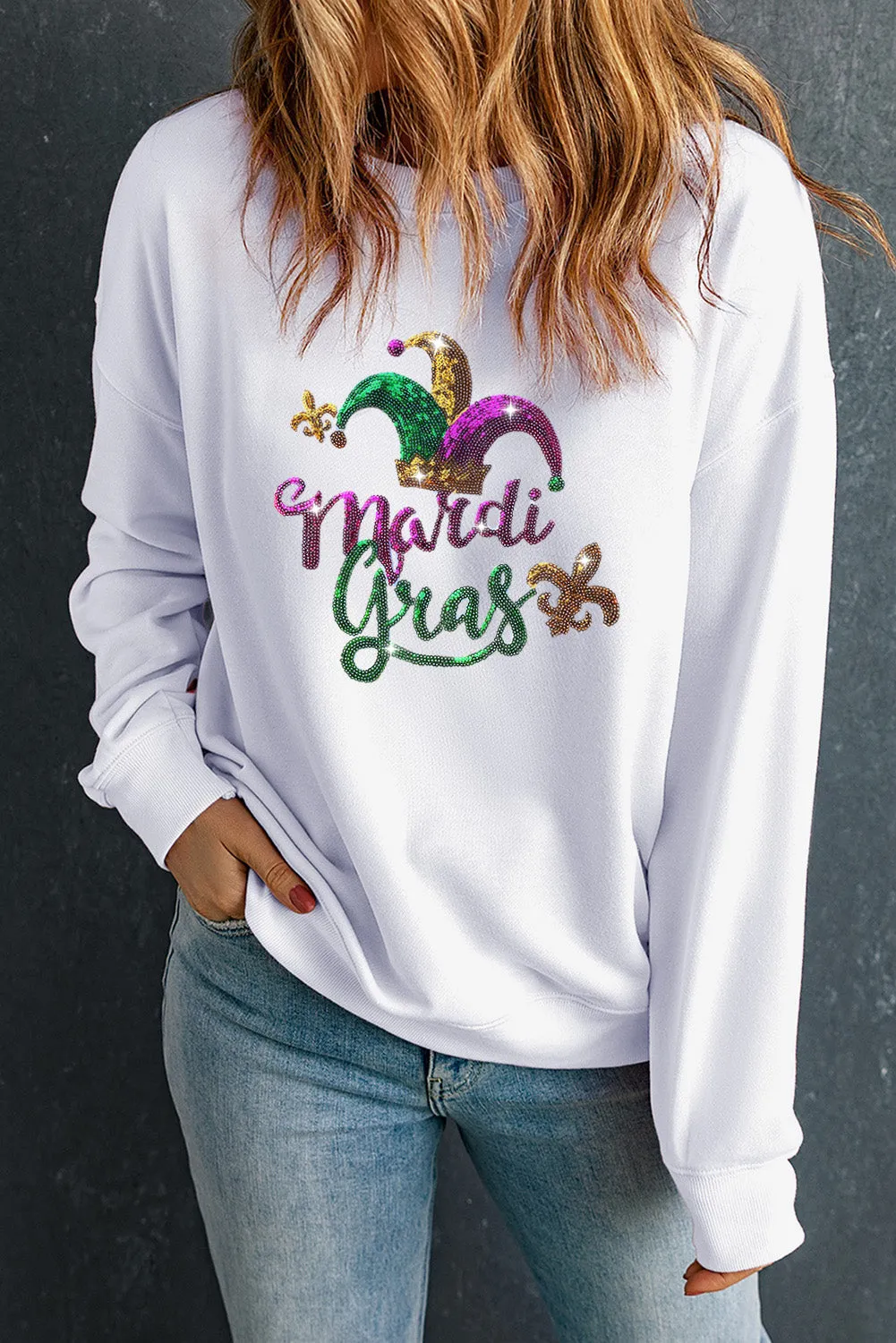 White Mardi Gras Sequined Pattern Drop Shoulder Sweatshirt