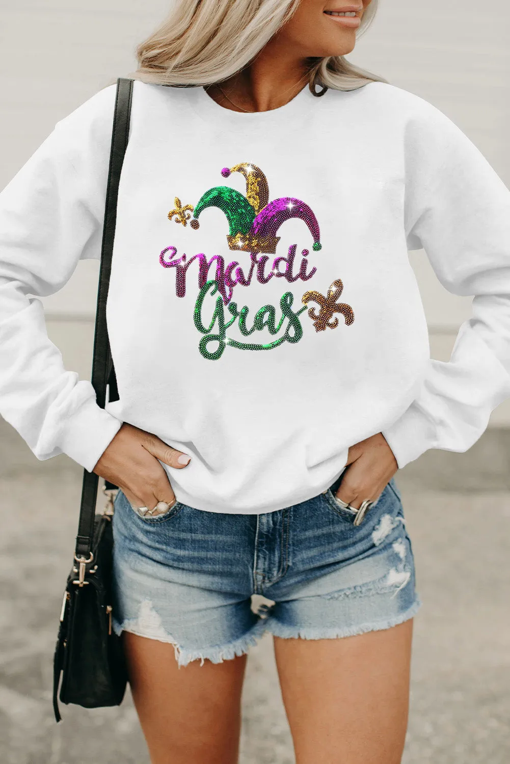 White Mardi Gras Sequined Pattern Drop Shoulder Sweatshirt