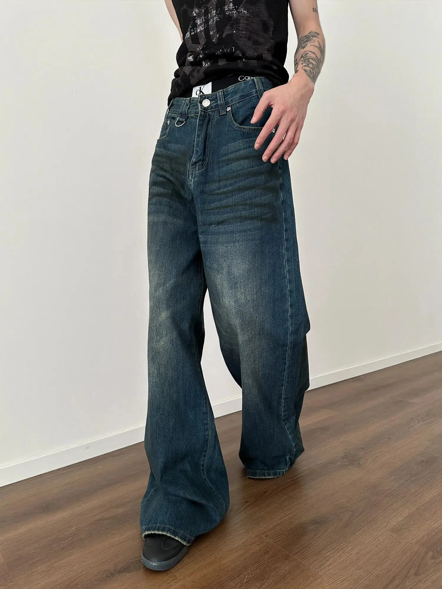 Wide-Leg Faded Denim Pants