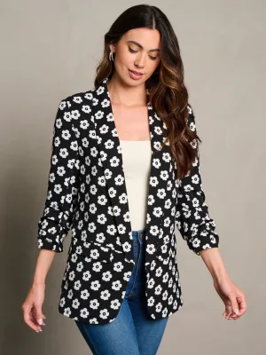 WOMEN'S 3/4 RUCHED SLEEVES OPEN FRONT FLORAL PRINT BLAZER