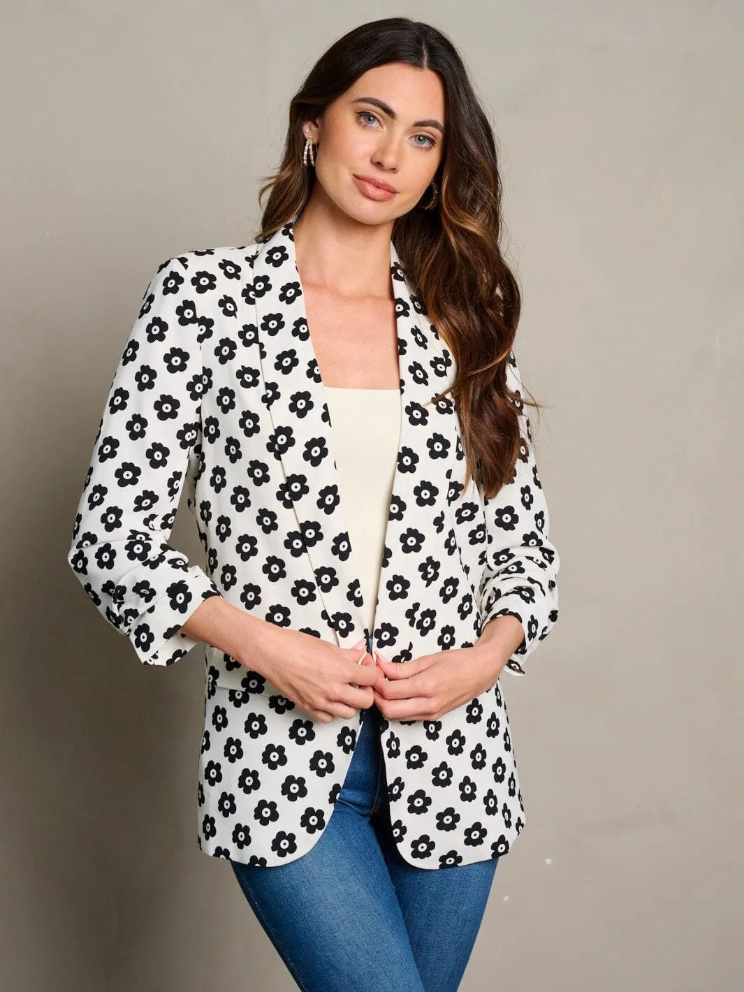 WOMEN'S 3/4 RUCHED SLEEVES OPEN FRONT FLORAL PRINT BLAZER