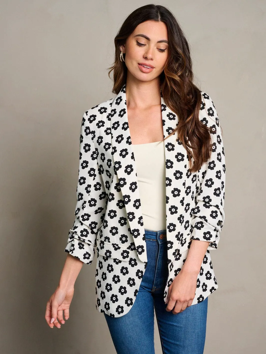 WOMEN'S 3/4 RUCHED SLEEVES OPEN FRONT FLORAL PRINT BLAZER
