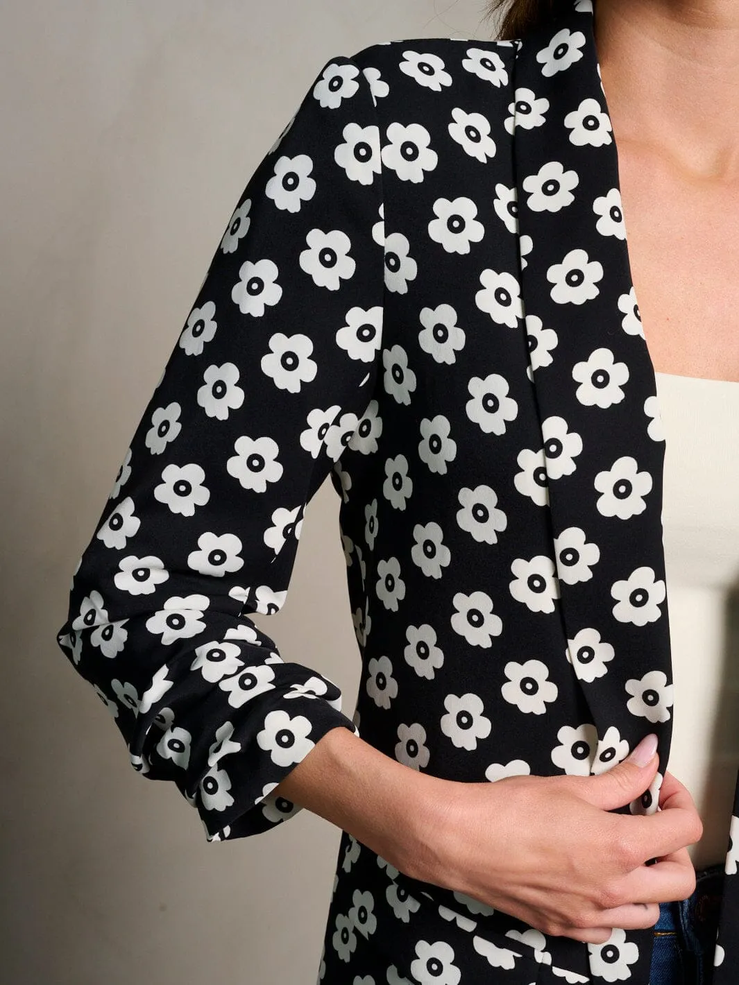 WOMEN'S 3/4 RUCHED SLEEVES OPEN FRONT FLORAL PRINT BLAZER