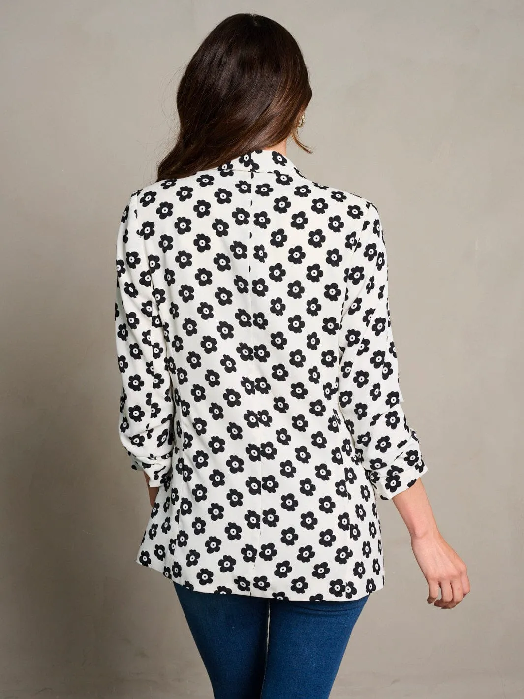 WOMEN'S 3/4 RUCHED SLEEVES OPEN FRONT FLORAL PRINT BLAZER