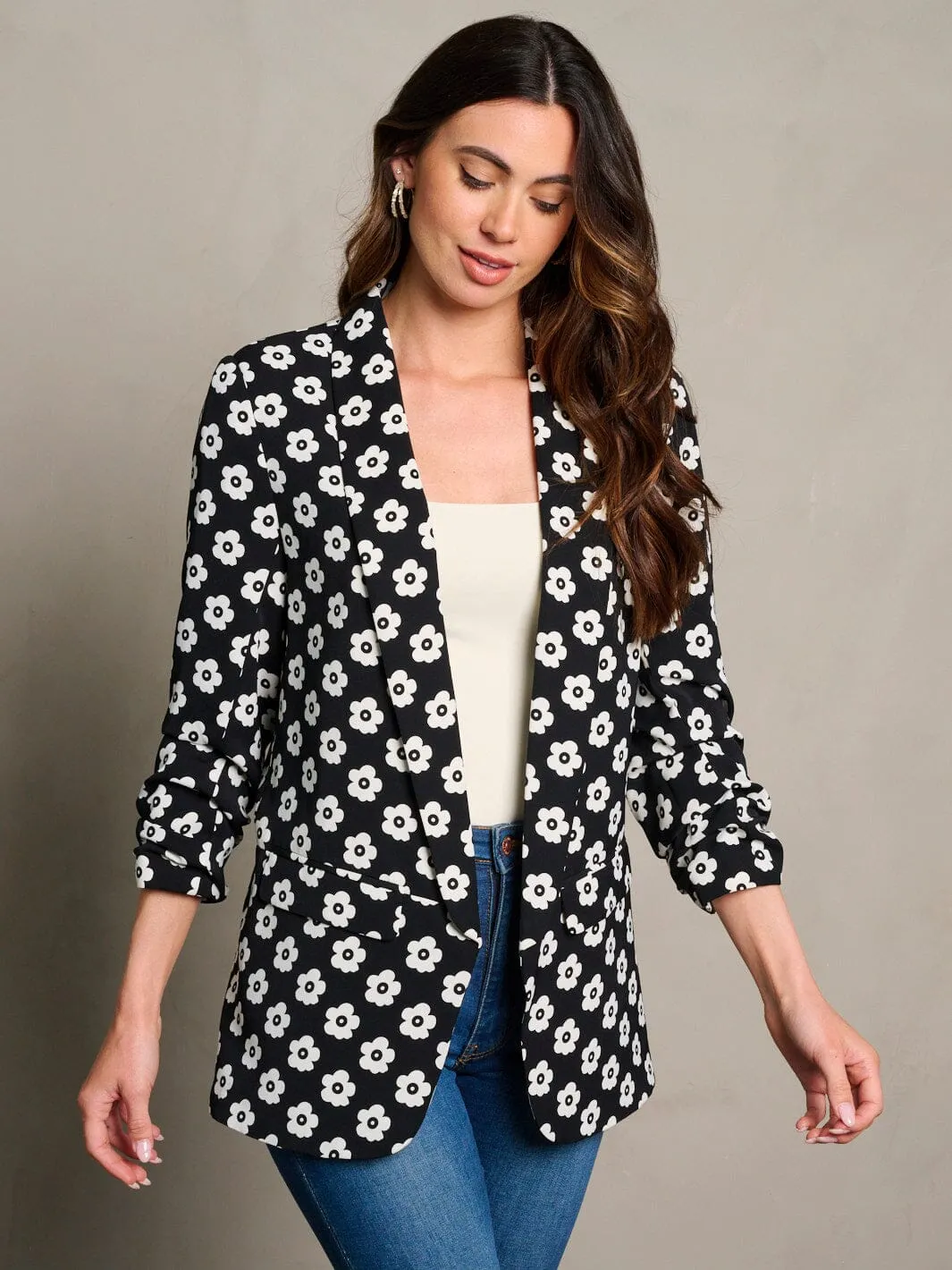 WOMEN'S 3/4 RUCHED SLEEVES OPEN FRONT FLORAL PRINT BLAZER