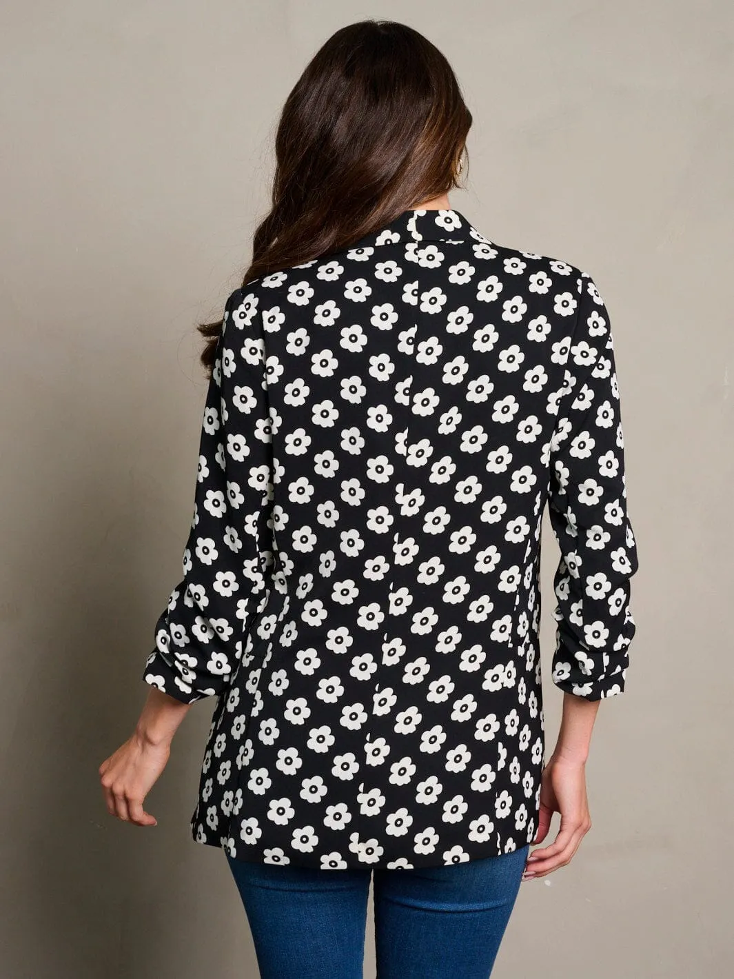 WOMEN'S 3/4 RUCHED SLEEVES OPEN FRONT FLORAL PRINT BLAZER
