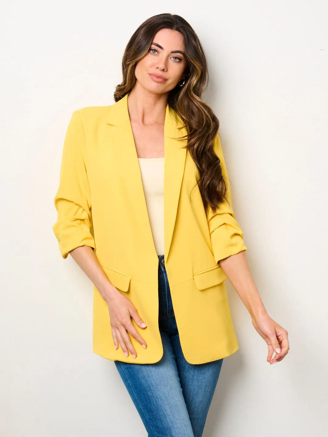 WOMEN'S 3/4 RUCHED SLEEVES OPEN FRONT POCKETS BLAZER
