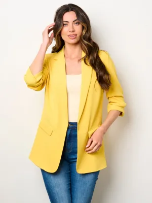 WOMEN'S 3/4 RUCHED SLEEVES OPEN FRONT POCKETS BLAZER